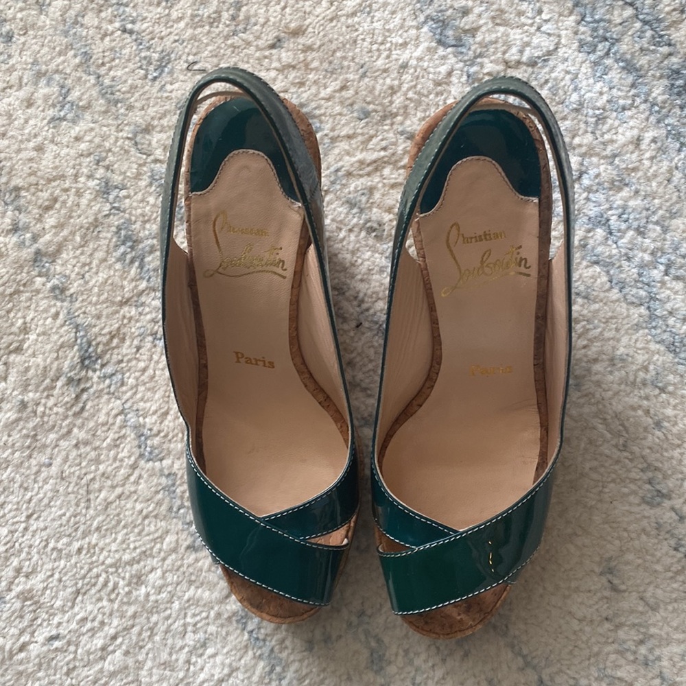 Christian Louboutin Cork Teal Patent Wedges